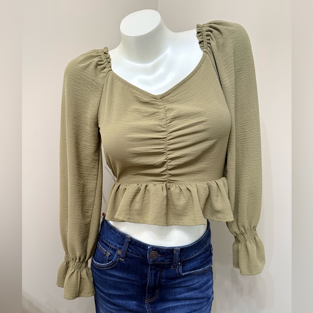 Altar’d State Olive Ruffle Cinched Ruched Cropped Top Puff Sleeves Boho XS